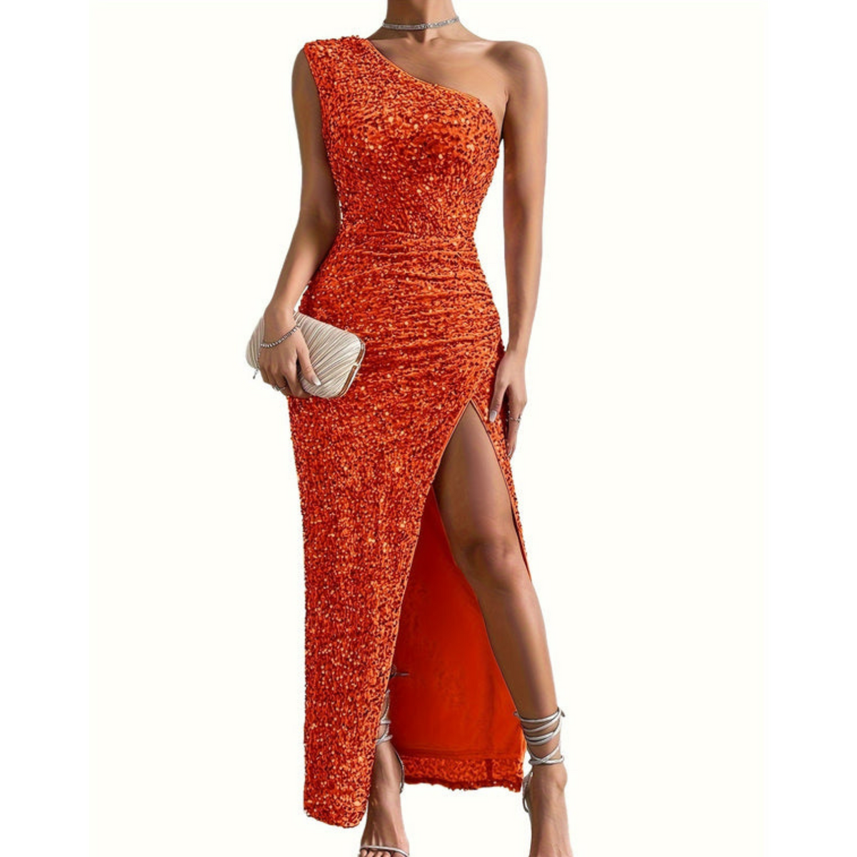 Elegante Pailletten Dames Maxi Jurk met One Shoulder en Split
