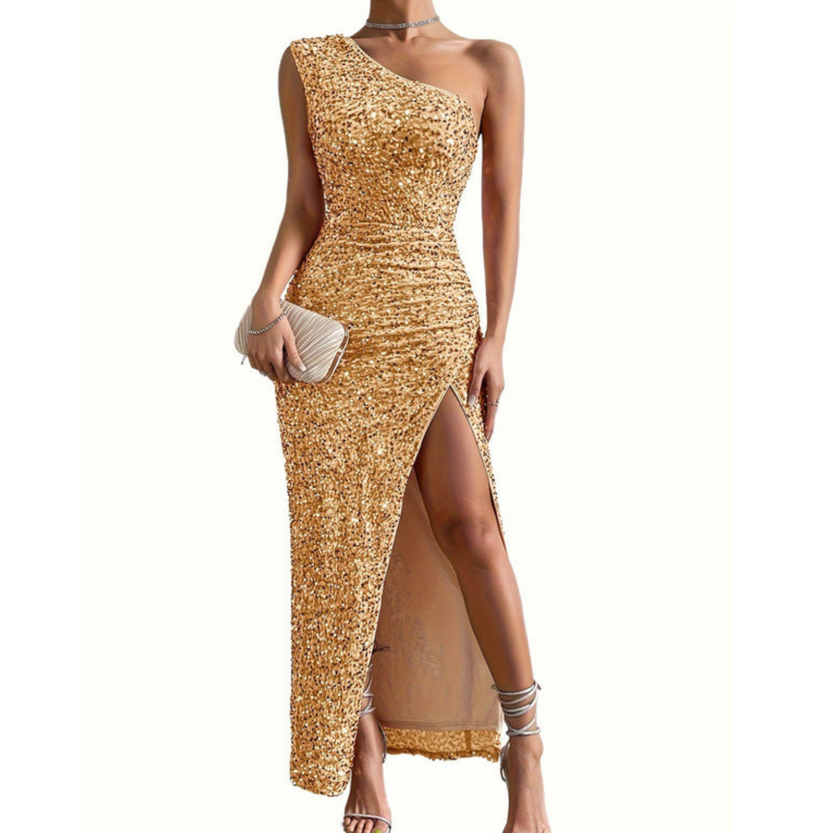 Elegante Pailletten Dames Maxi Jurk met One Shoulder en Split
