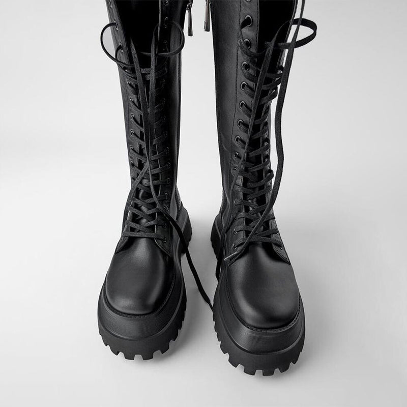 Zwarte Trendy Dames Veterboots met Grove Zool en Plateau