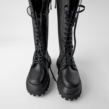 Zwarte Trendy Dames Veterboots met Grove Zool en Plateau