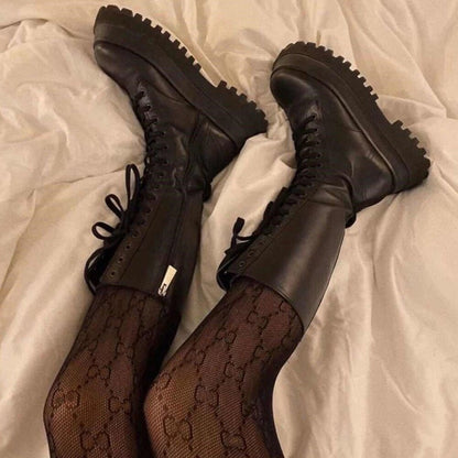 Zwarte Trendy Dames Veterboots met Grove Zool en Plateau