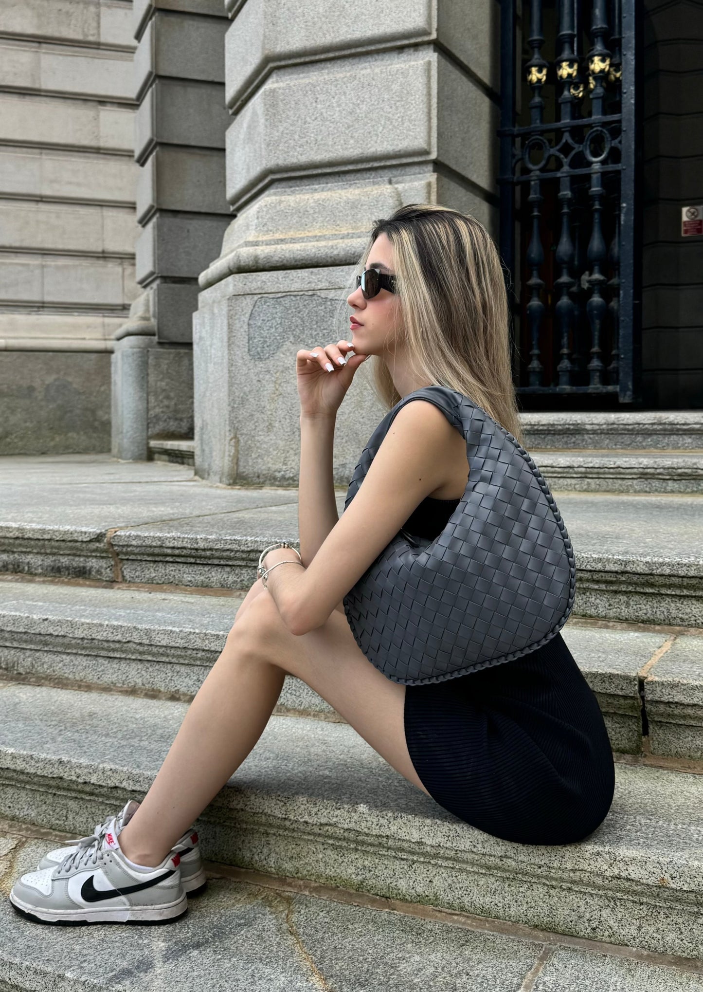 Vanya | Sleek Dark Gray Woven Handbag
