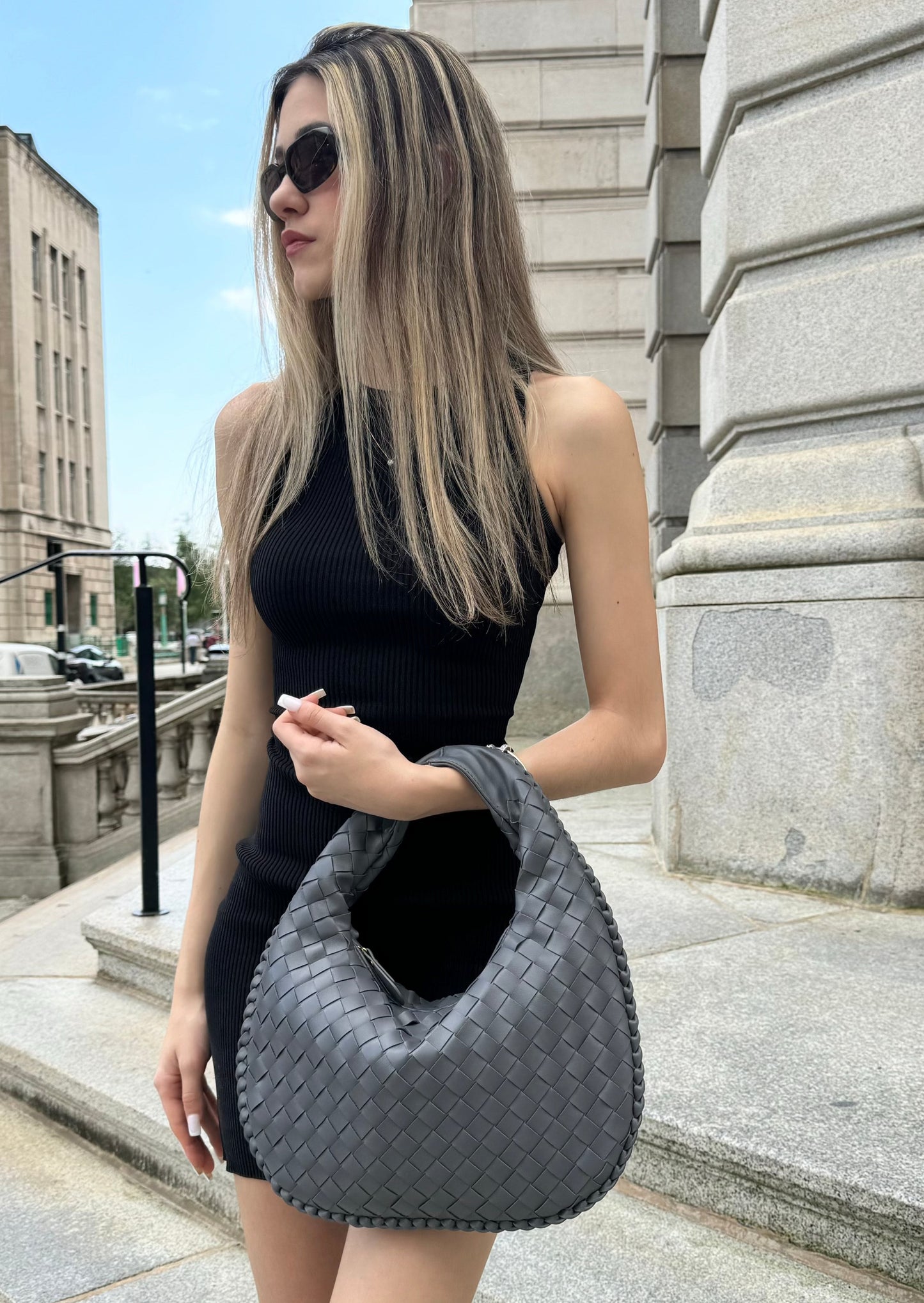 Vanya | Sleek Dark Gray Woven Handbag