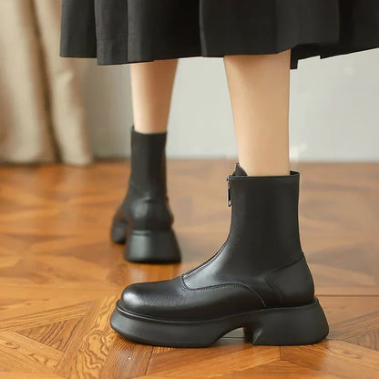 Elegante Dames Leren Enkellaarsjes met Warme Voering en Rits