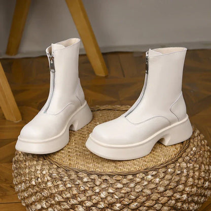 Elegante Dames Leren Enkellaarsjes met Warme Voering en Rits