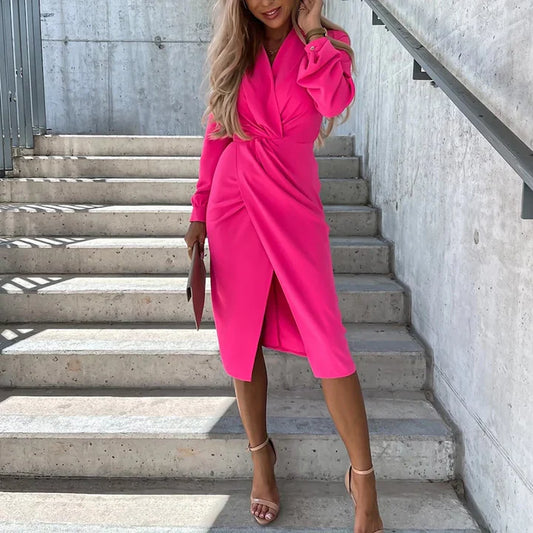 Hana | Elegante Midi-jurk met Diepe V-hals en Split