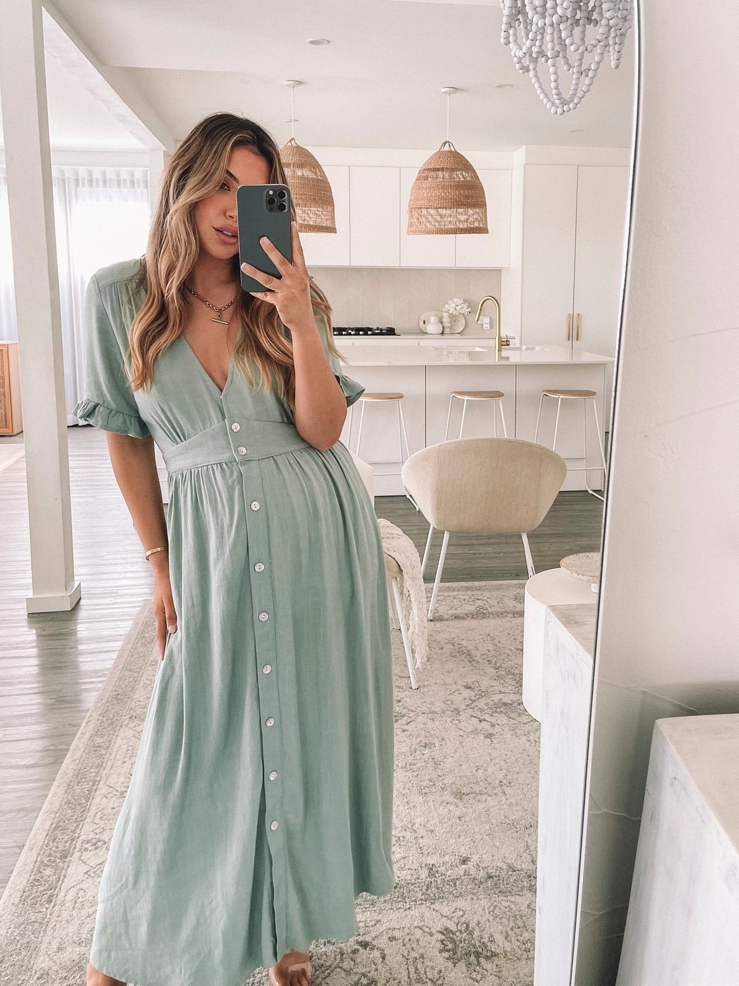 Elegante Zomerse Dames Midi Jurk Met V Hals En Knoopsluiting