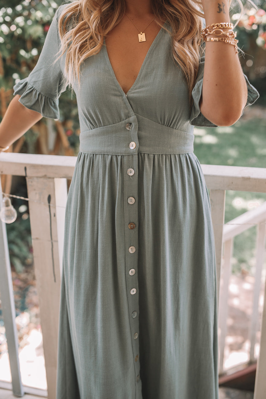Elegante Zomerse Dames Midi Jurk Met V Hals En Knoopsluiting