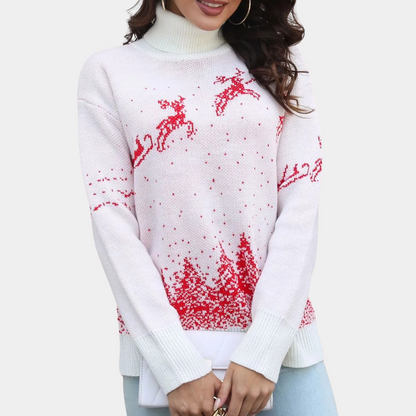 Warm White Turtleneck Sweater with Christmas Reindeer Print for Women