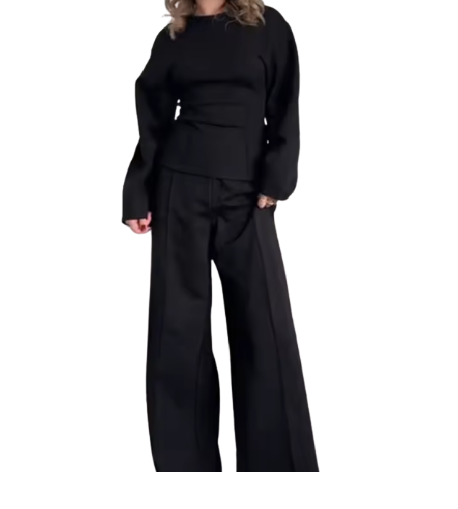 Zachte Dames Trui Set met Getailleerde Top en Wijde Pijpen Broek