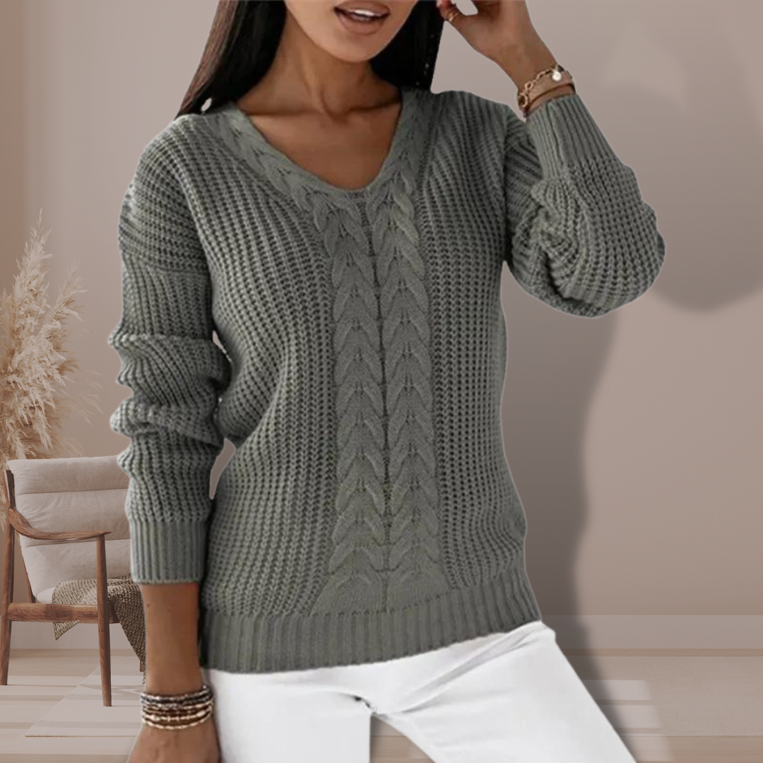 Comfortabele warme dames sweater met V-hals en kabelpatroon