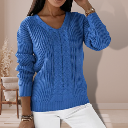 Comfortabele warme dames sweater met V-hals en kabelpatroon