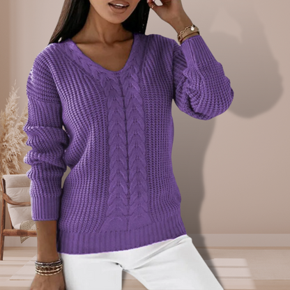 Comfortabele warme dames sweater met V-hals en kabelpatroon