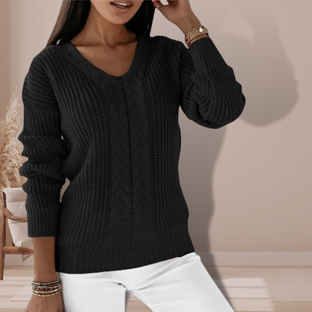 Comfortabele warme dames sweater met V-hals en kabelpatroon