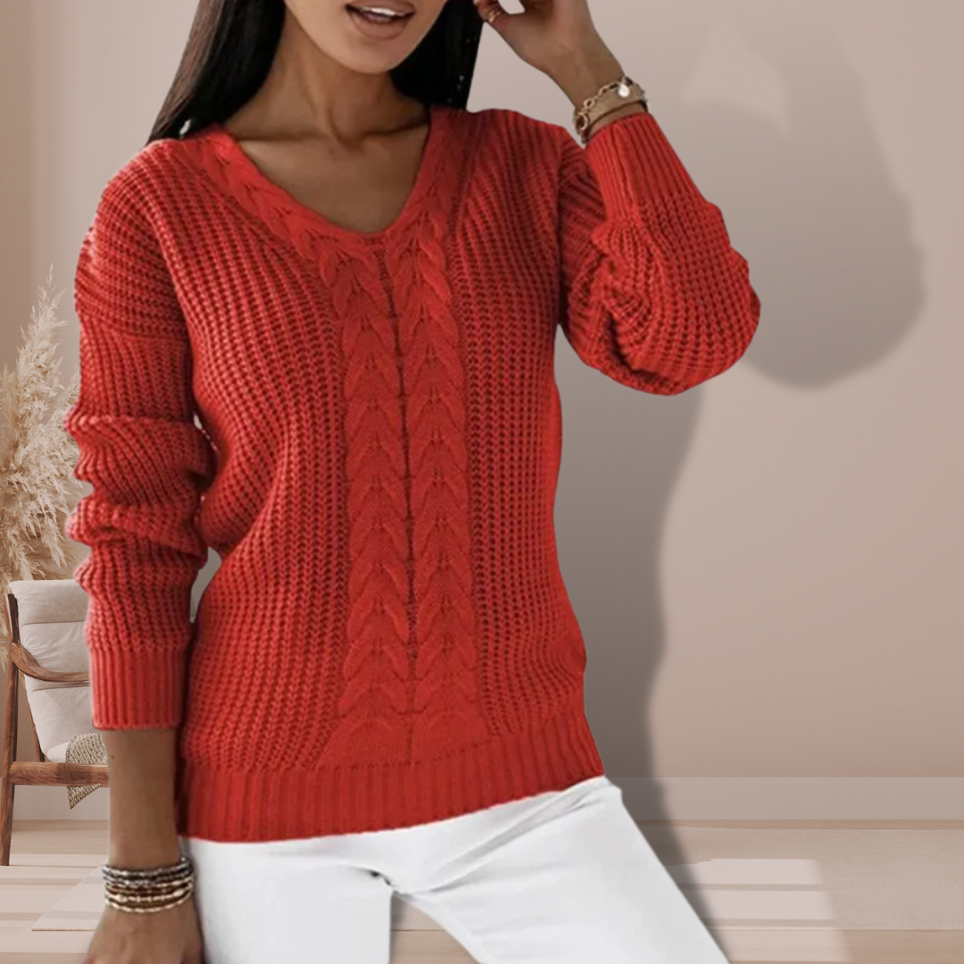 Comfortabele warme dames sweater met V-hals en kabelpatroon