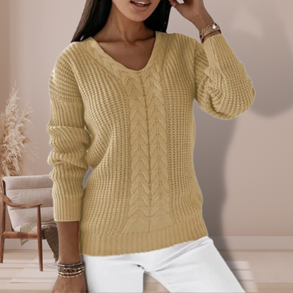 Comfortabele warme dames sweater met V-hals en kabelpatroon