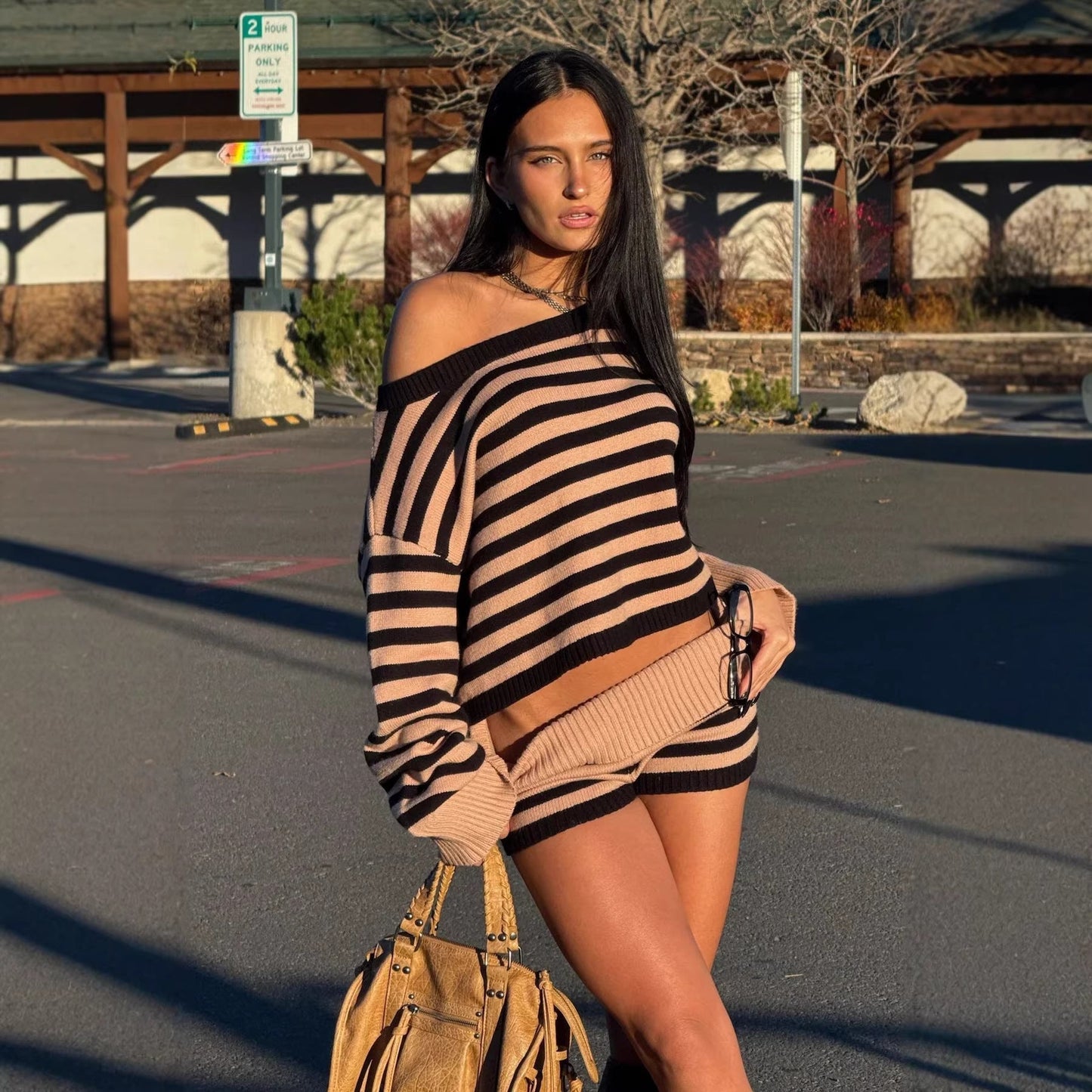 Oversized Women's Co-ord Set with Striped Sweater and Shorts