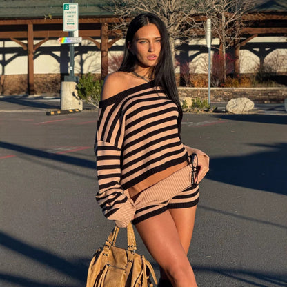Oversized Women's Co-ord Set with Striped Sweater and Shorts