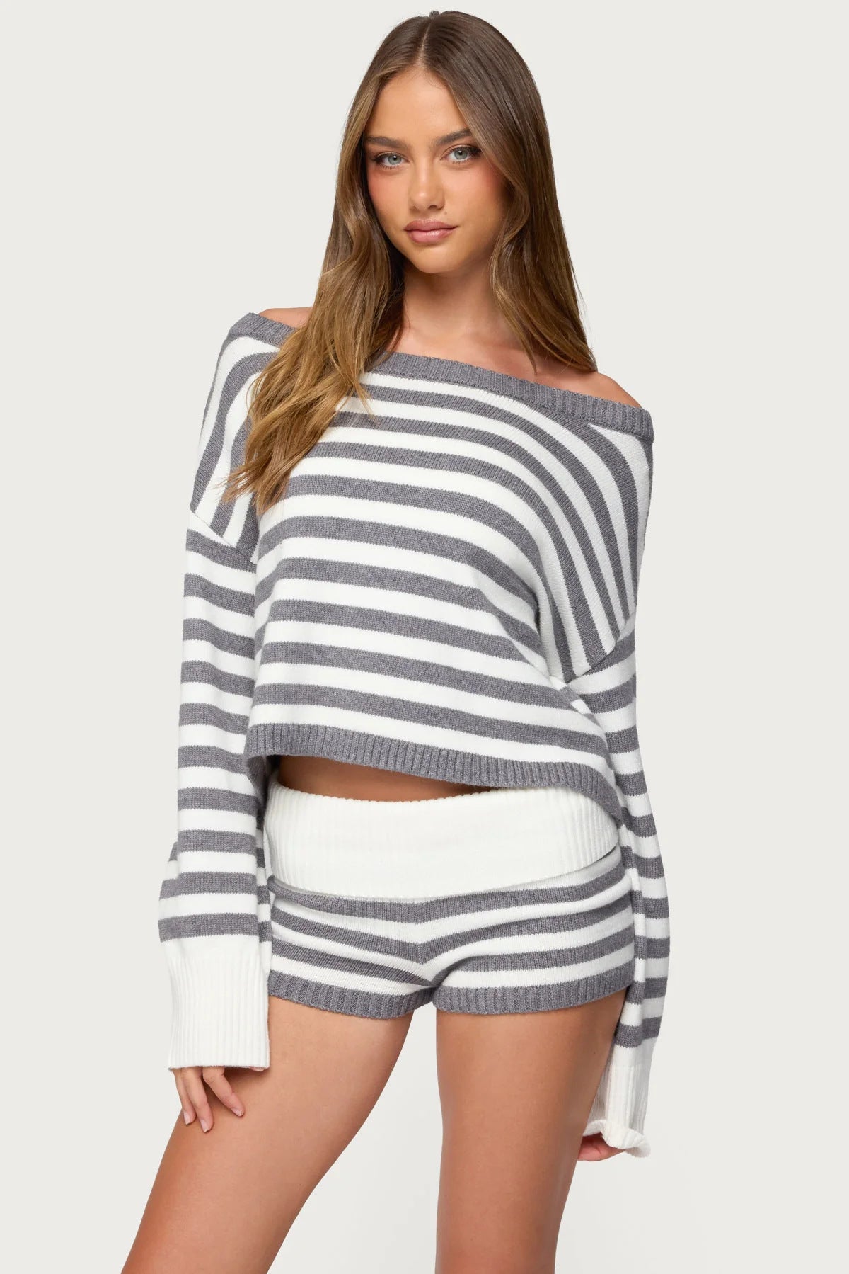 Oversized Women's Co-ord Set with Striped Sweater and Shorts
