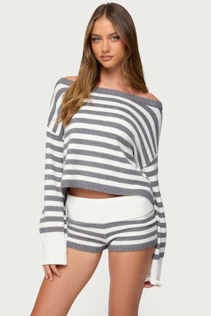 Oversized Women's Co-ord Set with Striped Sweater and Shorts