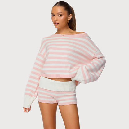 Oversized Women's Co-ord Set with Striped Sweater and Shorts