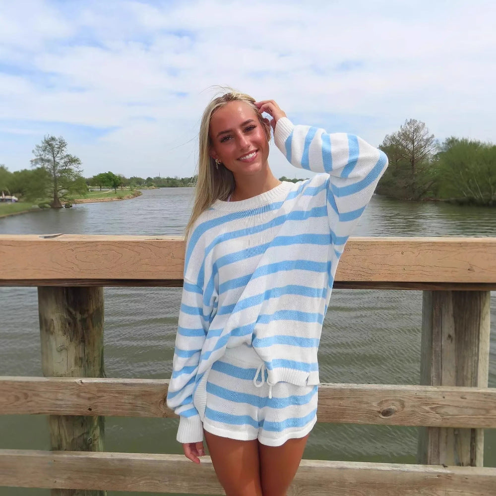 Oversized Dames Set Met Gestreepte Trui en Korte Broek