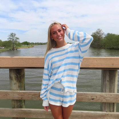 Oversized Dames Set Met Gestreepte Trui en Korte Broek