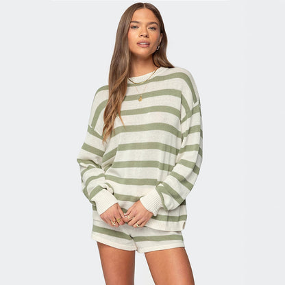 Oversized Dames Set Met Gestreepte Trui en Korte Broek