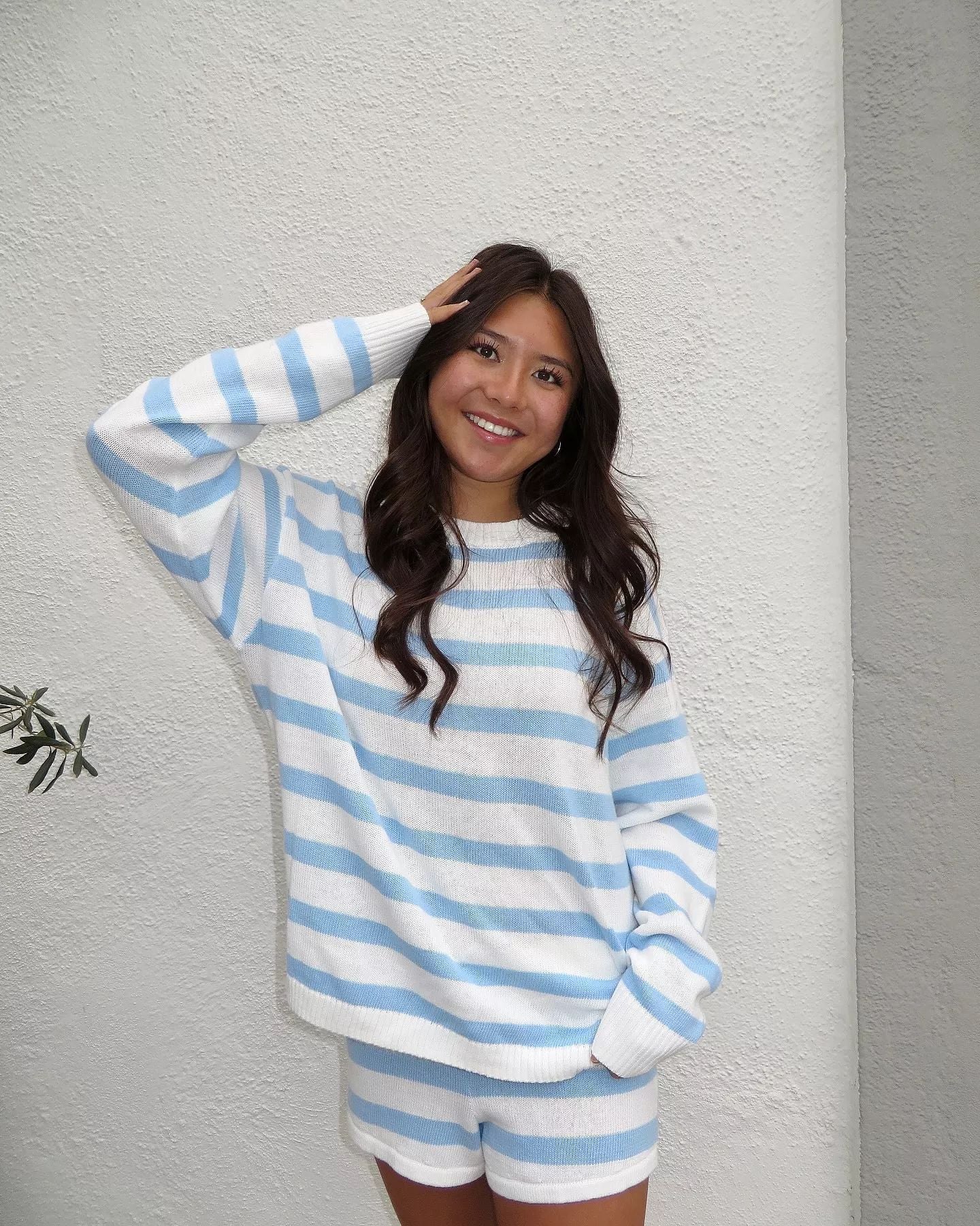 Oversized Dames Set Met Gestreepte Trui en Korte Broek