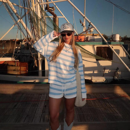Oversized Dames Set Met Gestreepte Trui en Korte Broek