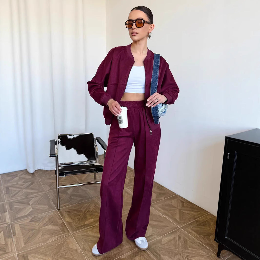 Ensemble Deux Pièces Tendance pour Femme avec Veste Courte et Pantalon Large