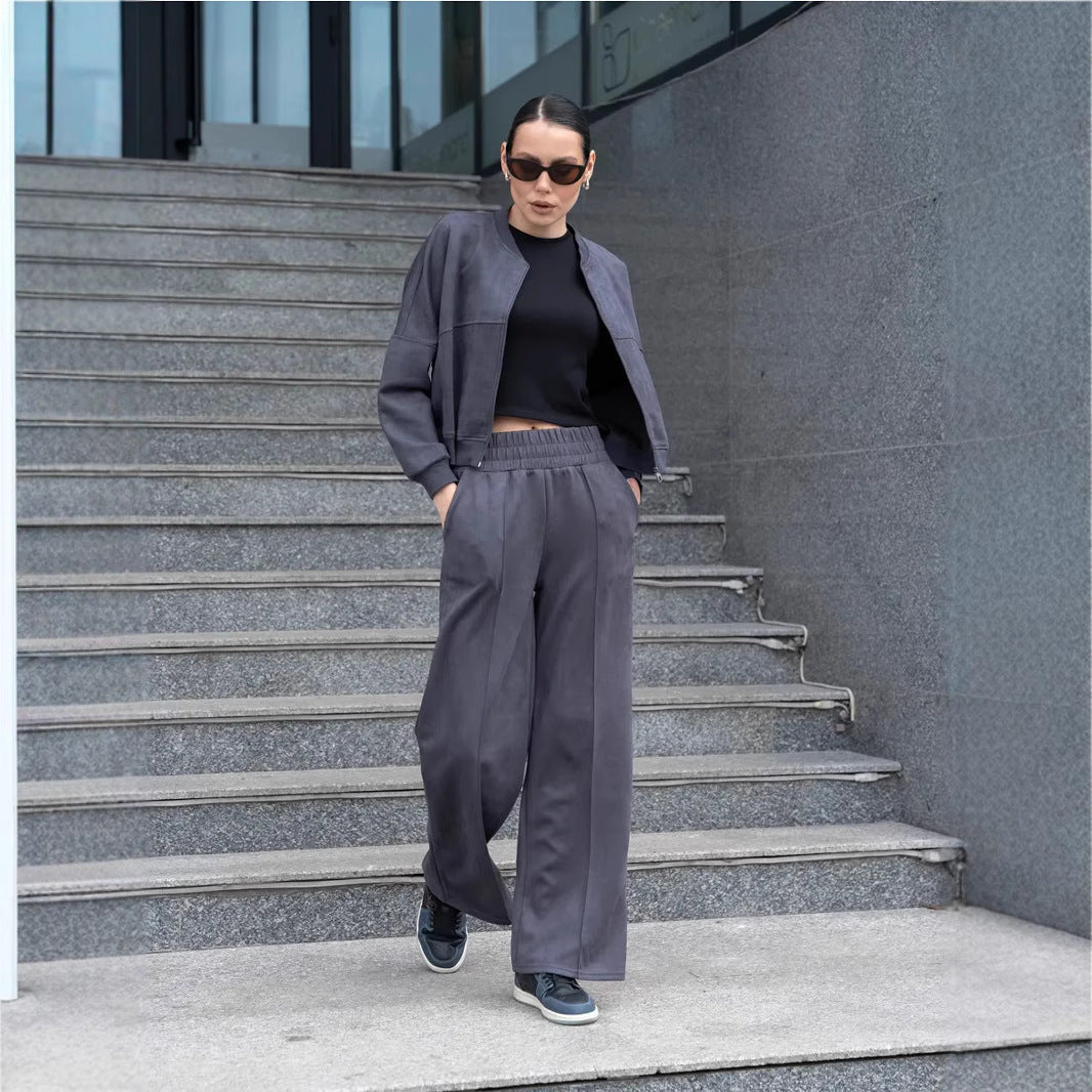 Ensemble Deux Pièces Tendance pour Femme avec Veste Courte et Pantalon Large