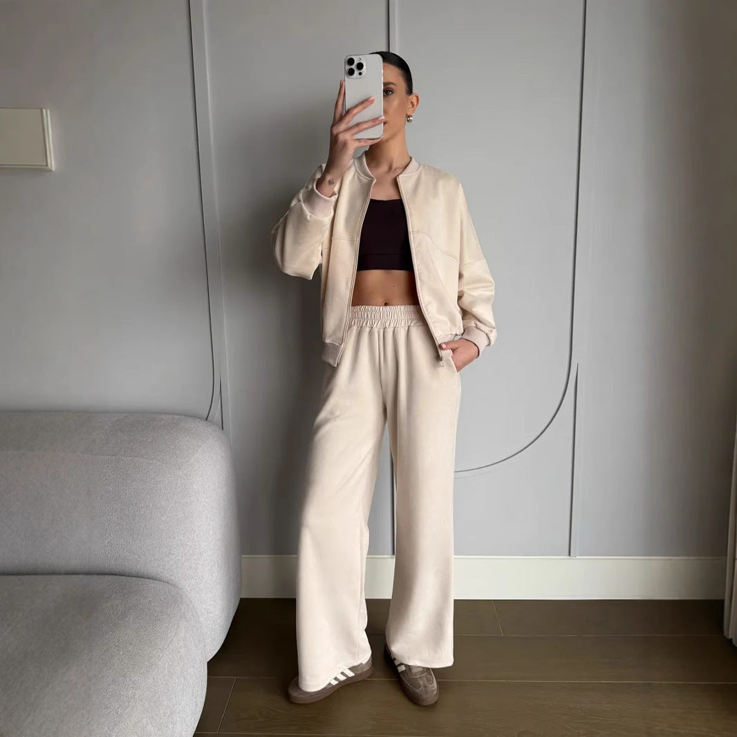 Ensemble Deux Pièces Tendance pour Femme avec Veste Courte et Pantalon Large