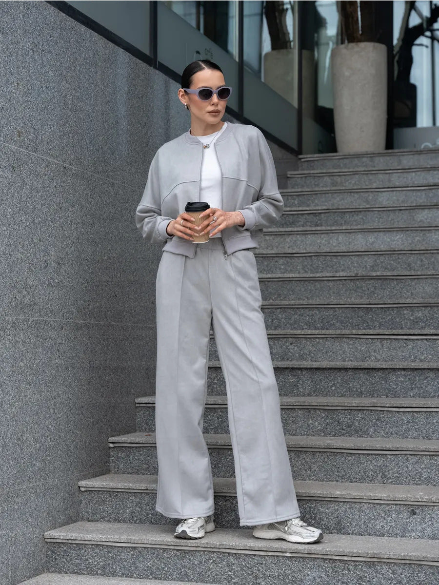 Ensemble Deux Pièces Tendance pour Femme avec Veste Courte et Pantalon Large