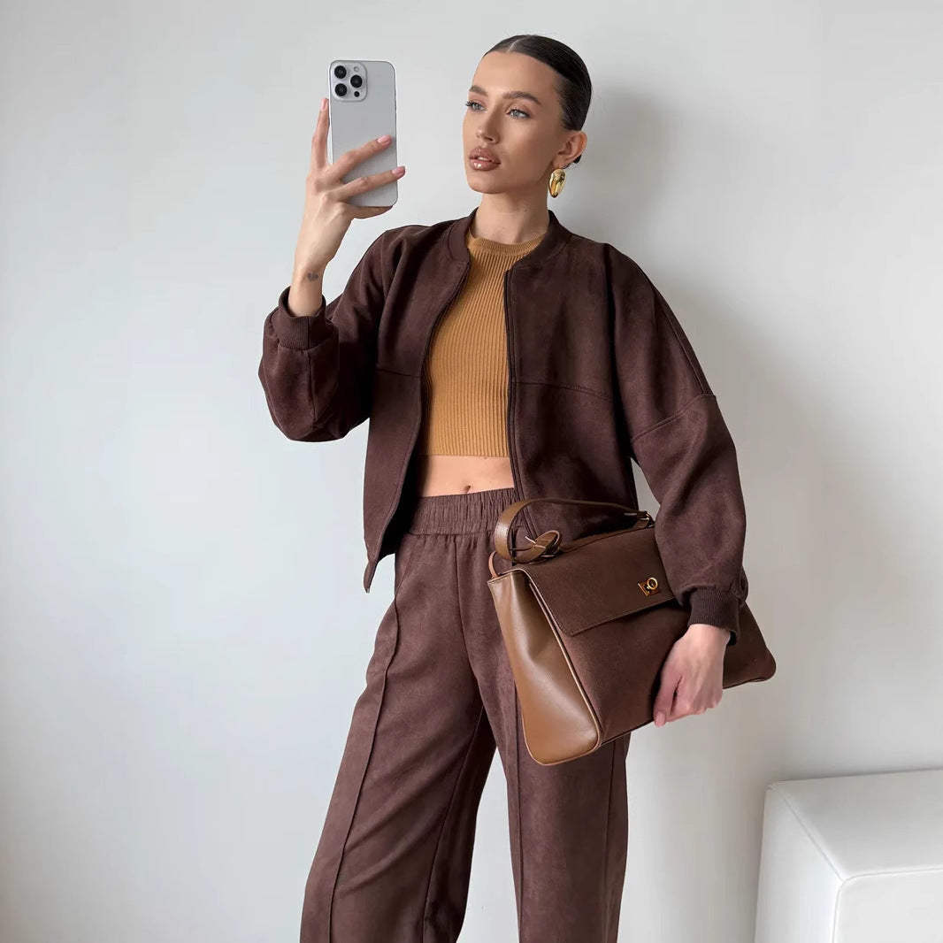 Trendy Dames Tweedelige Set Met Korte Jacket en Wijde Broek