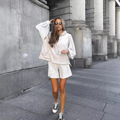 Soft Gray Oversized Women's Loungewear Set with Hoodie and Shorts