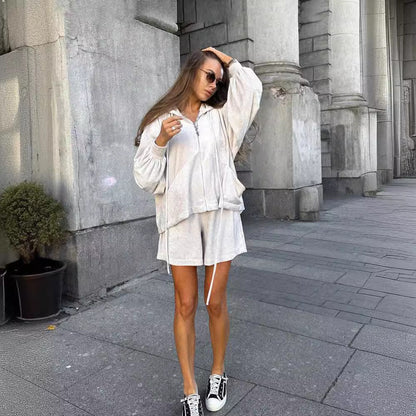 Soft Gray Oversized Women's Loungewear Set with Hoodie and Shorts