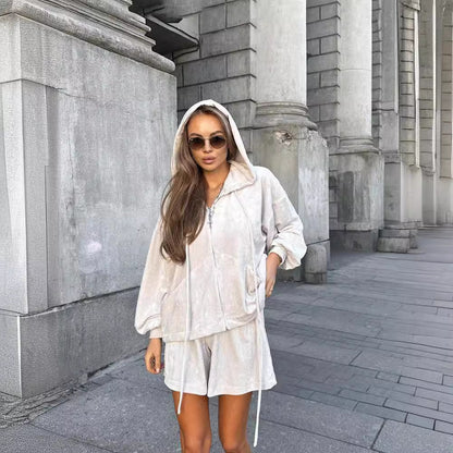 Soft Gray Oversized Women's Loungewear Set with Hoodie and Shorts