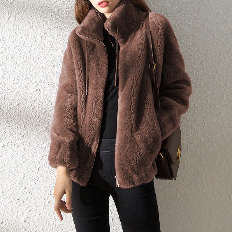 Veste Teddy douce et chaude pour femmes avec col montant et fermeture éclair