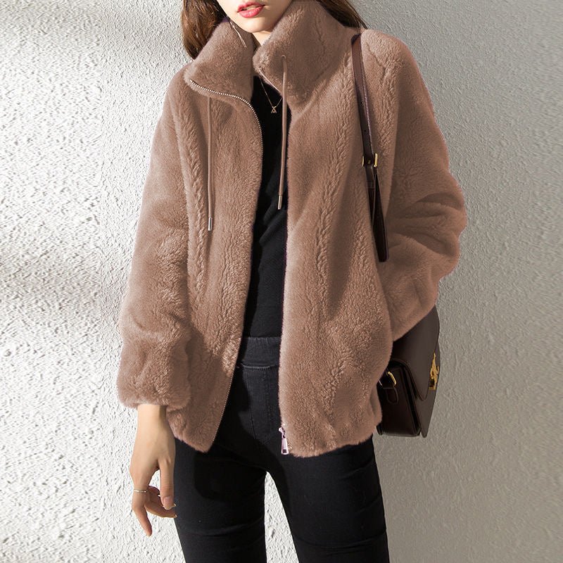 Veste Teddy douce et chaude pour femmes avec col montant et fermeture éclair