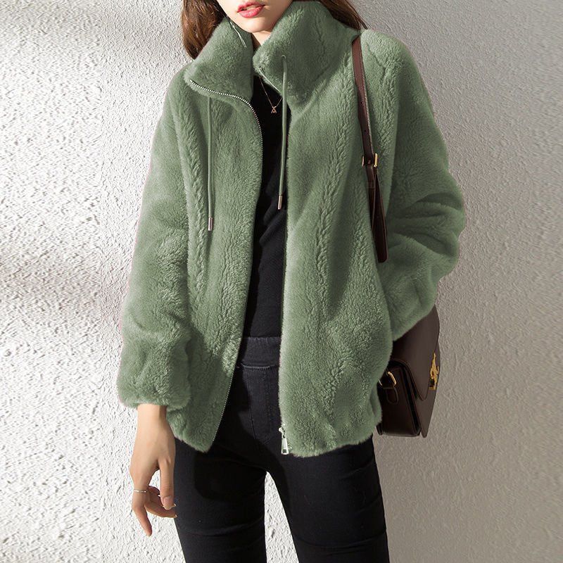 Veste Teddy douce et chaude pour femmes avec col montant et fermeture éclair