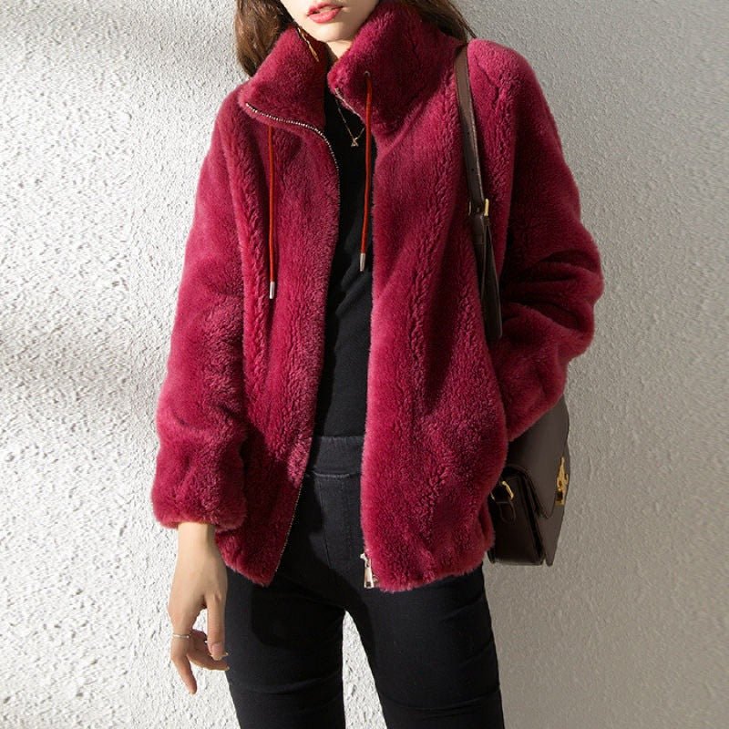 Veste Teddy douce et chaude pour femmes avec col montant et fermeture éclair
