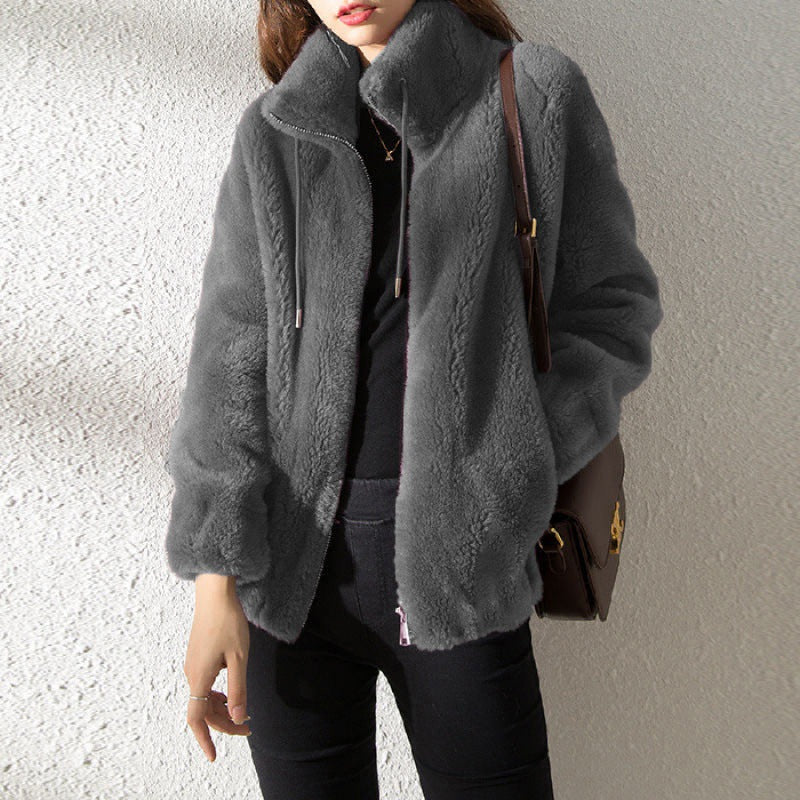 Veste Teddy douce et chaude pour femmes avec col montant et fermeture éclair