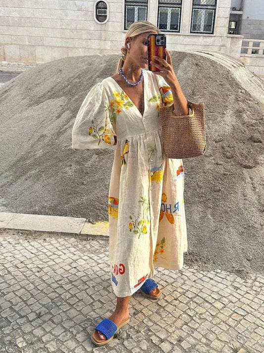 Annebelle | Zomerse Midi Jurk met Fruitige Print