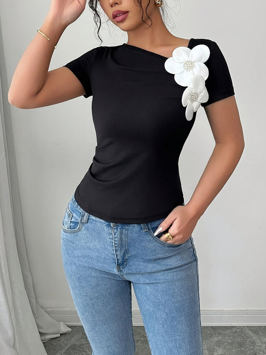Marylin | Elegante Rib Top met Bloemapplicatie