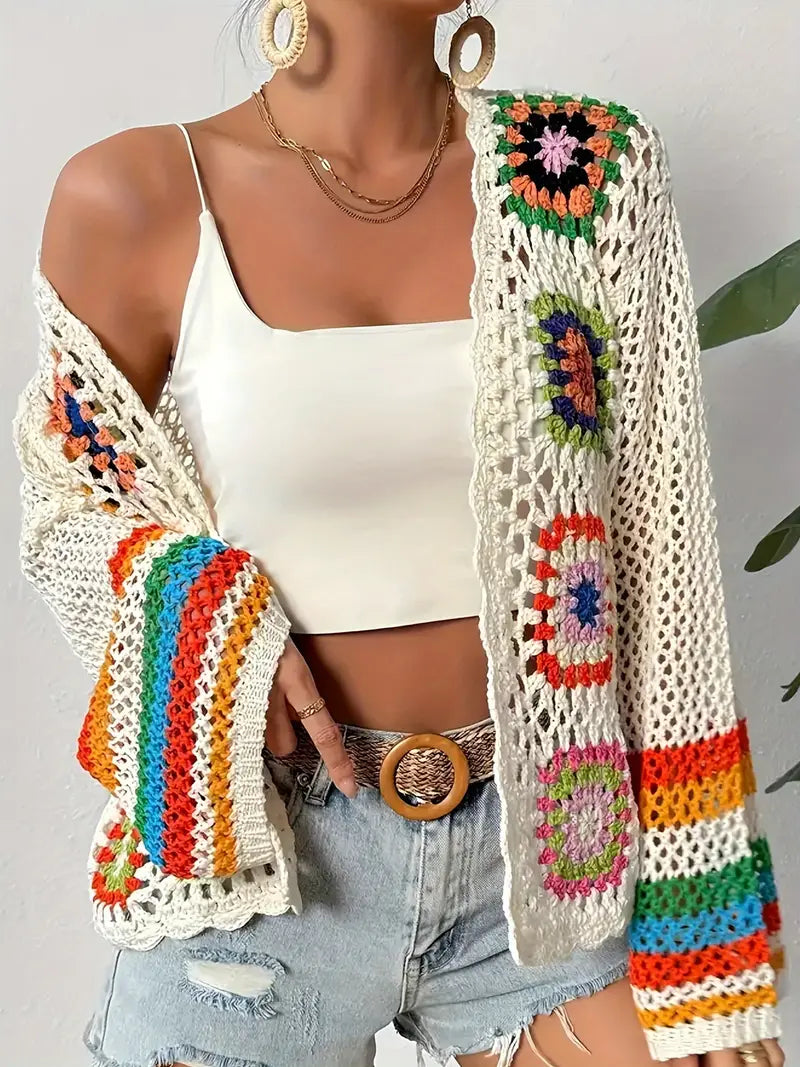 Boho luchtige dames cardigan met gehaakt patroon en wijde mouwen