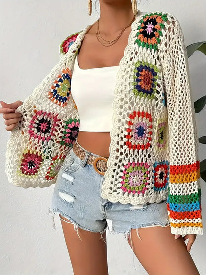 Boho luchtige dames cardigan met gehaakt patroon en wijde mouwen