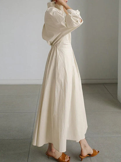 Verfijnd elegant dames maxi jurk met kraag en flatterende plooien