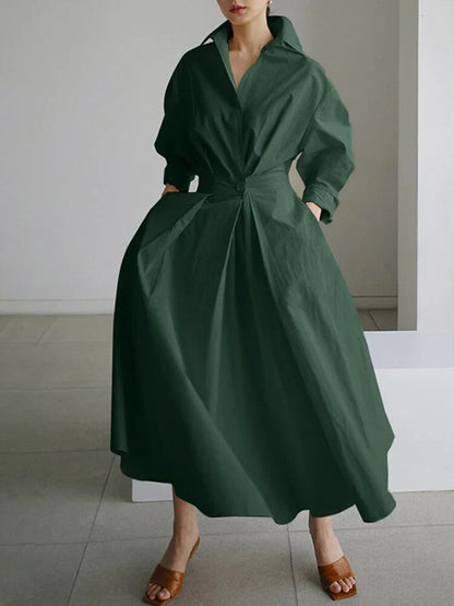 Verfijnd elegant dames maxi jurk met kraag en flatterende plooien