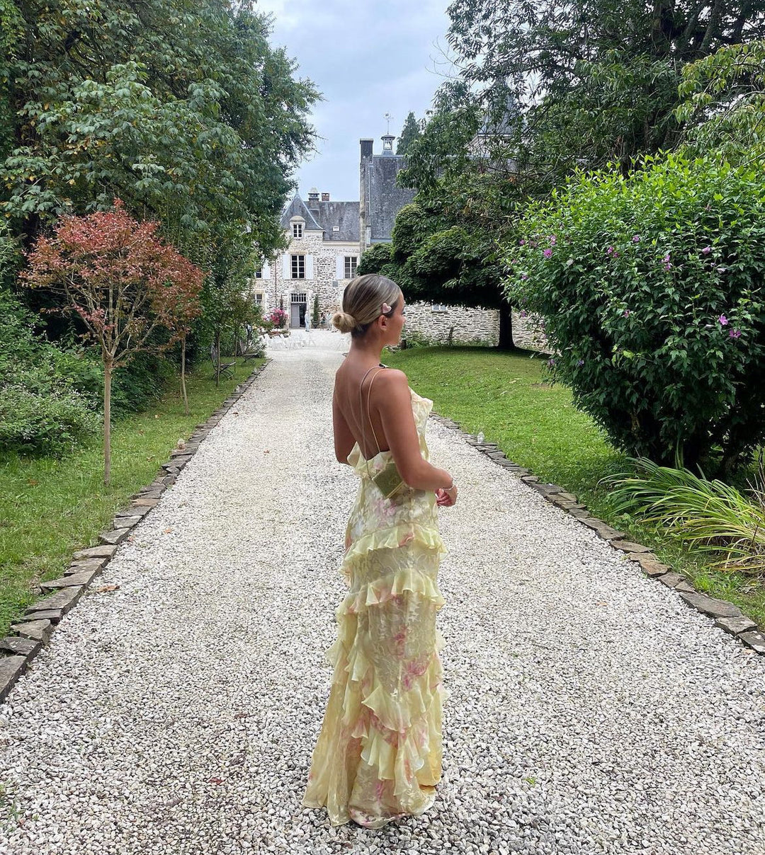 Robe maxi chic pour femmes avec fines bretelles et volants